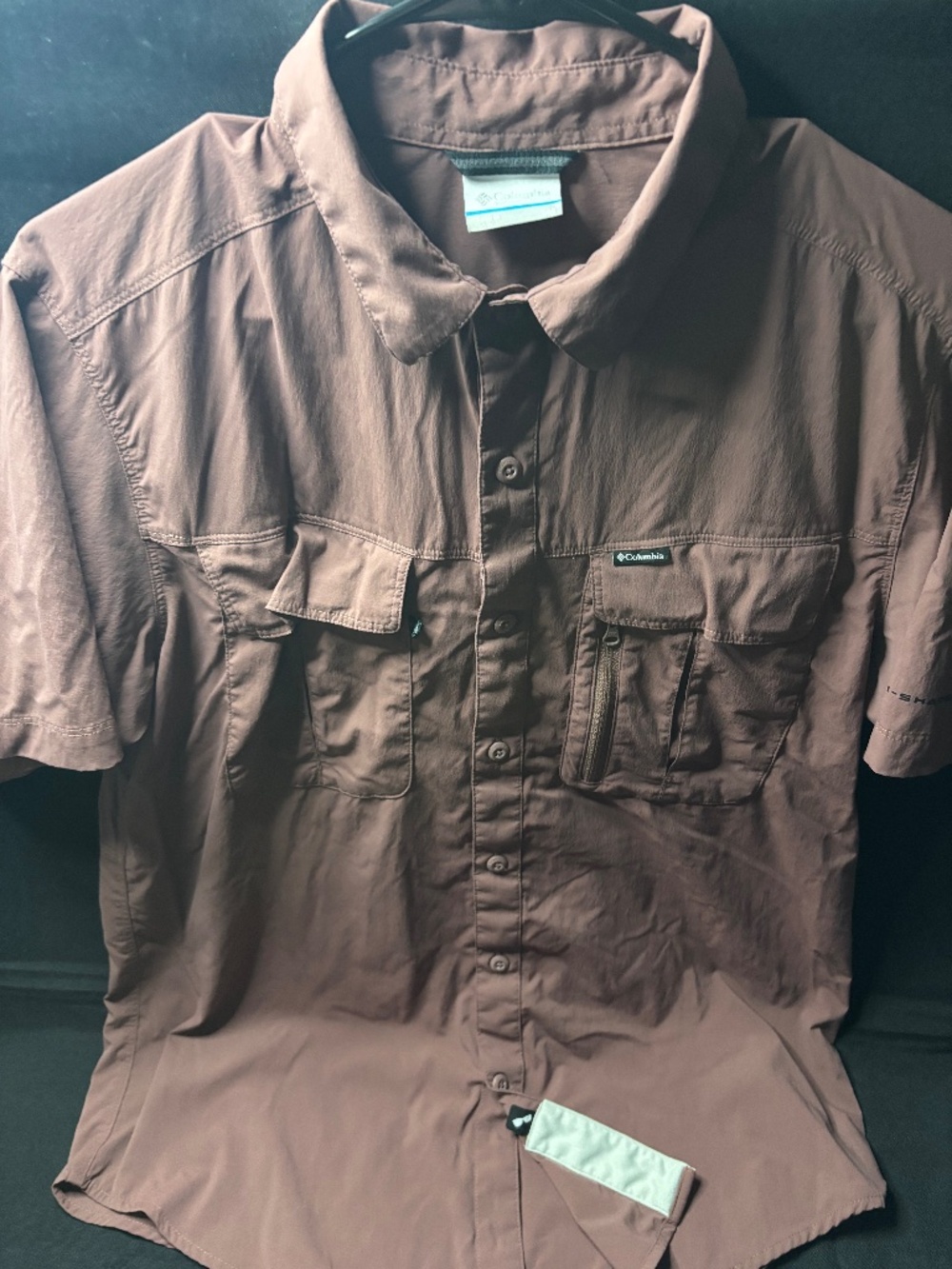 Columbia Mens Medium Omni Shade Brown Vented Short Sleeve Fishing Button Down Sh